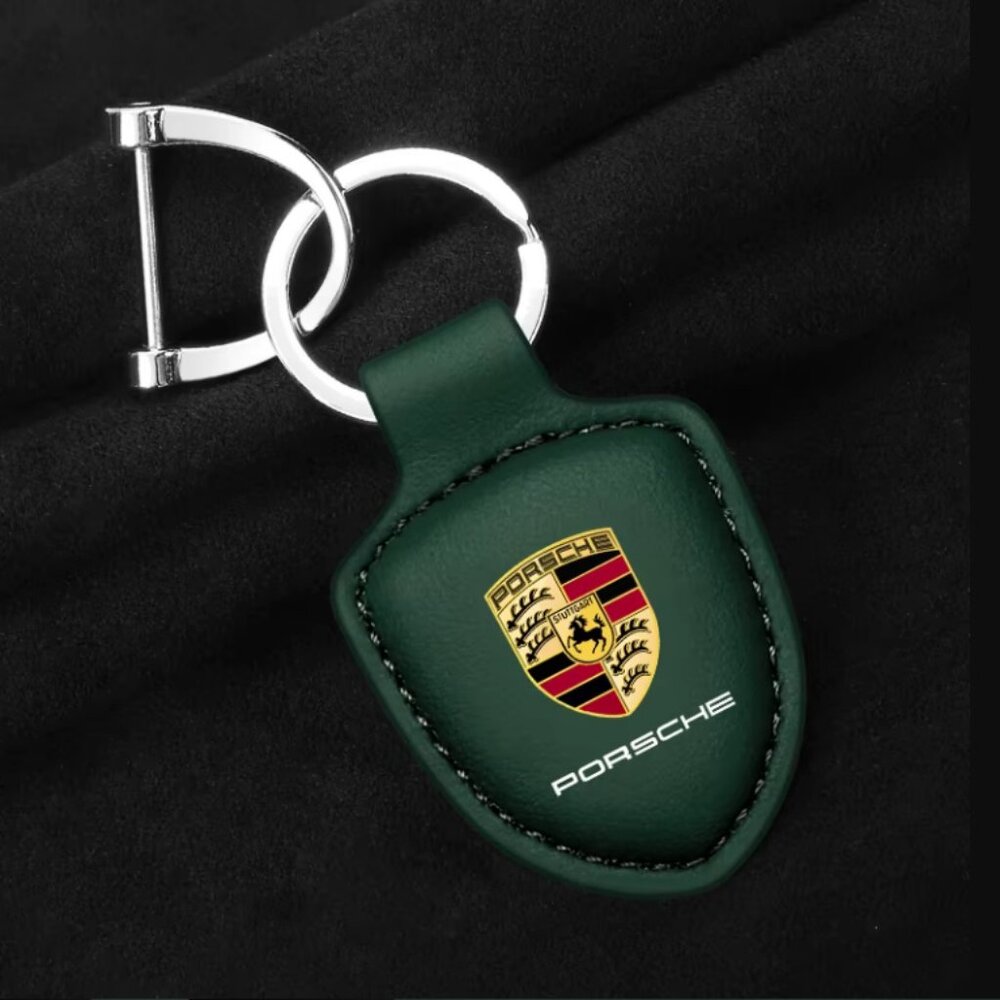 Green PORSCHE STUTTGART HOTROD  Leather Crest KeyRing Key Chain